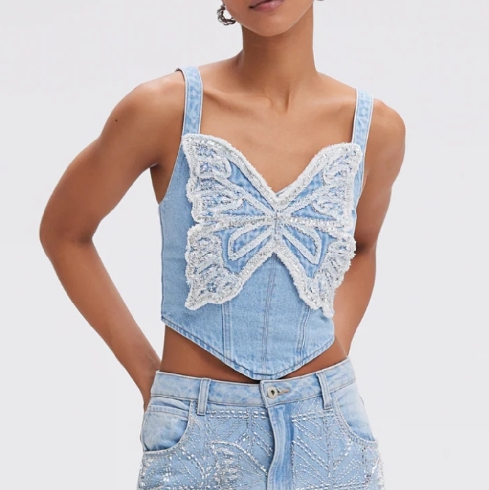 NEW PatBO Camila Coelho Denim Top - Picture 2 of 14
